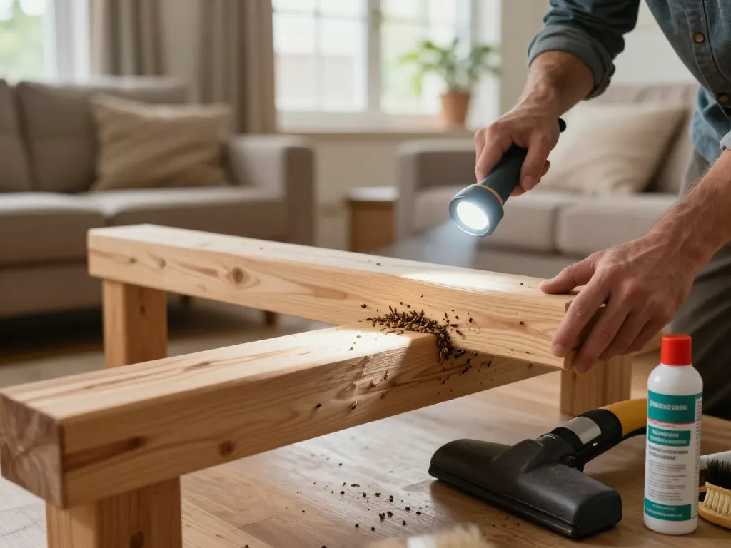 Proprietario che esamina travi di legno per eliminare tarli con strumenti per il controllo dei parassiti e luce naturale