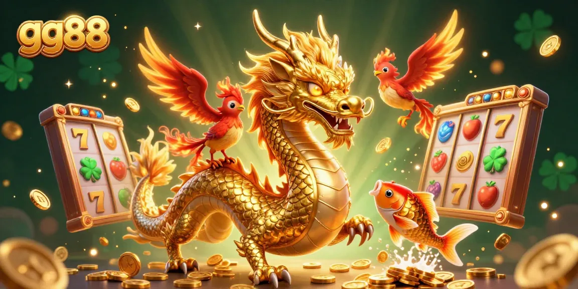 Engage with gg88 as a fierce golden dragon soars over slot game reels, enhancing your gaming experience.