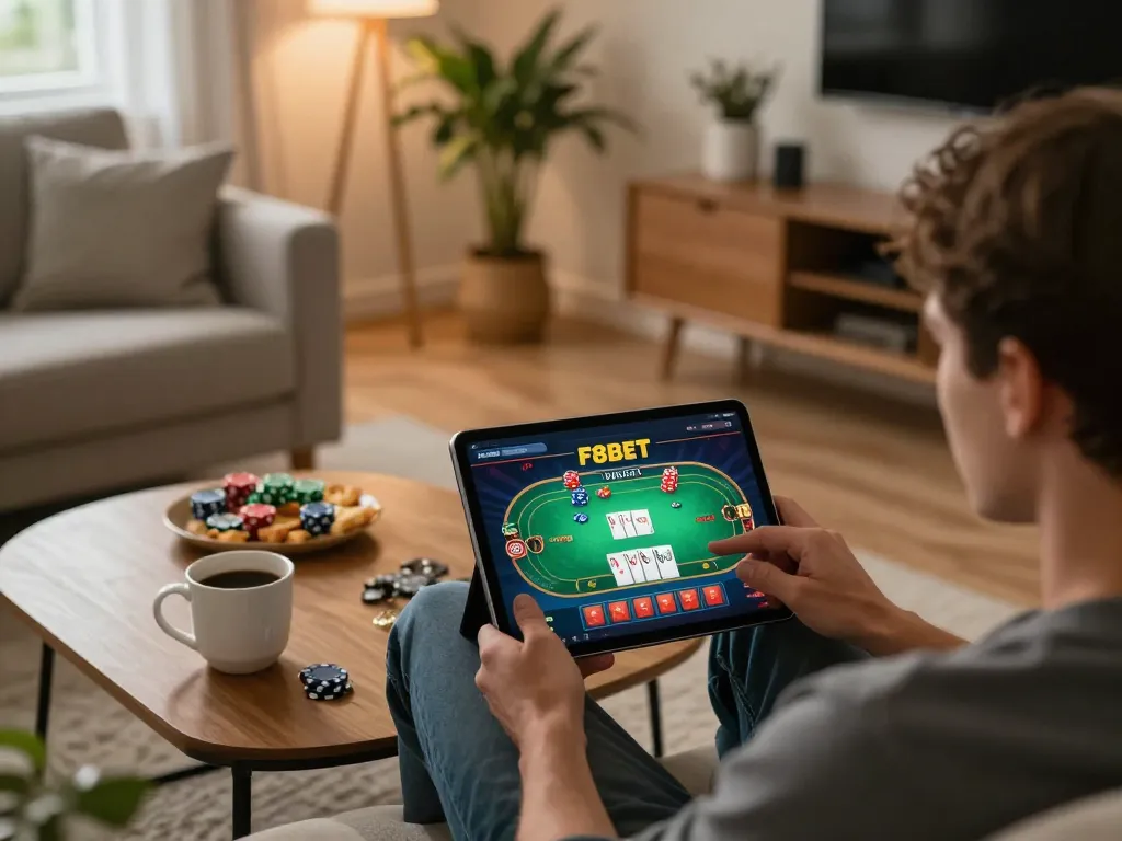 Engaging with F8BET casino app on tablet during a cozy home gaming session.
