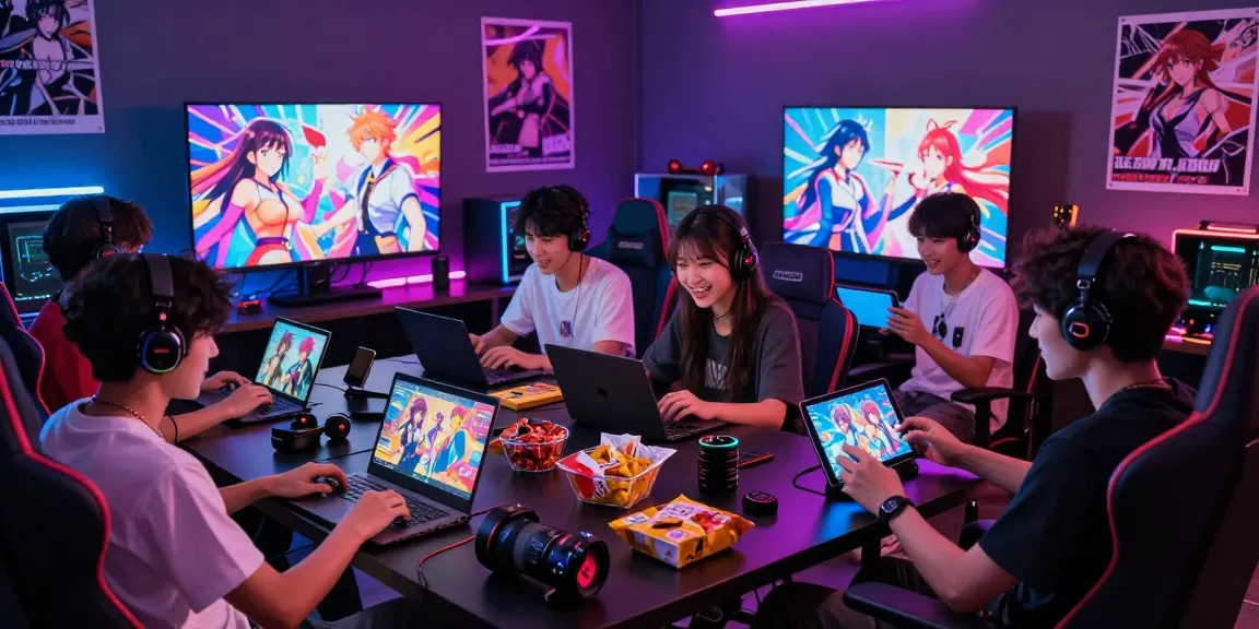 Engaged players enjoying a hentai game on various devices in a vibrant gaming setup.