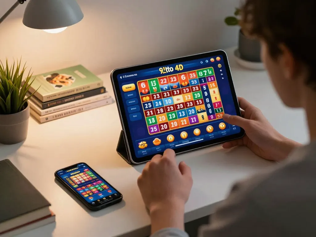 Player engaging in 9 Lotto 4D online betting session on tablet in a cozy home office