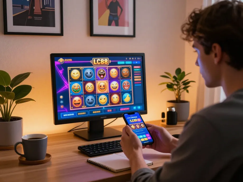 Engaging with the LC88 casino app on smartphone for online gaming.