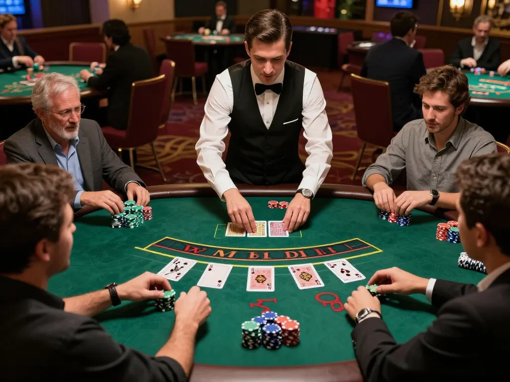 Players strategizing during an intense blackjack game at 98win98 casino, showcasing the thrill of high-stakes play.