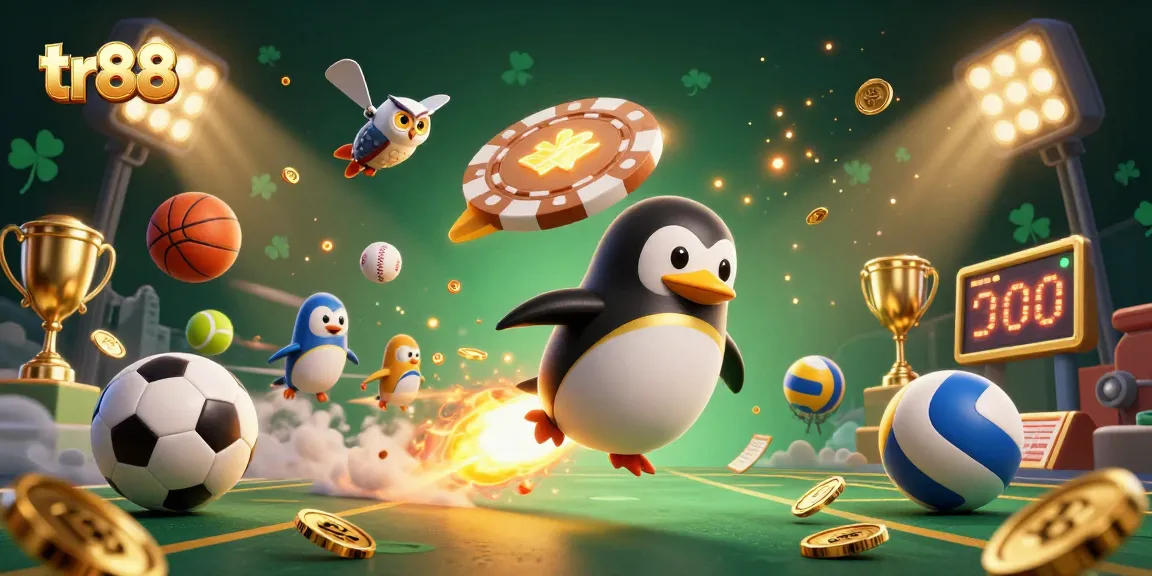 Win big with TR88 as a golden penguin navigates a vibrant casino space adventure.