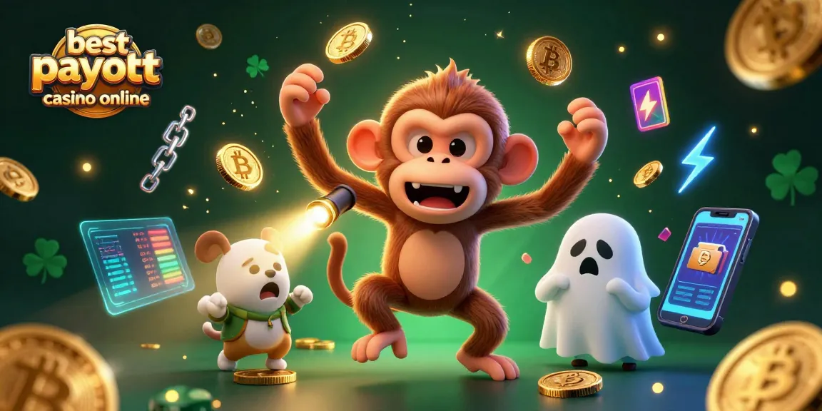 Engage in thrilling action at the best payout casino online with a vibrant 3D illustration featuring a poltergeist monkey and ghost-hunter puppy.
