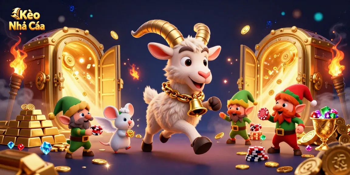 Kèo Nhà Cái showcases a lively casino scene featuring characters in a whimsical gambling atmosphere.