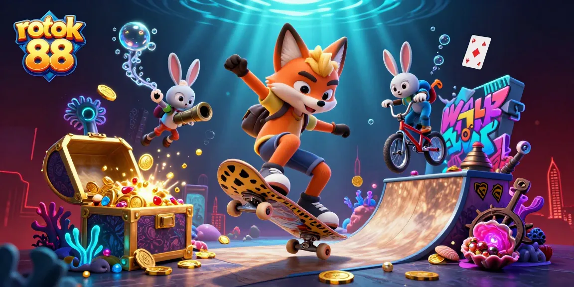 rokok 88 skateboarder fox and BMX rabbit performing stunts amid vibrant casino-themed elements.