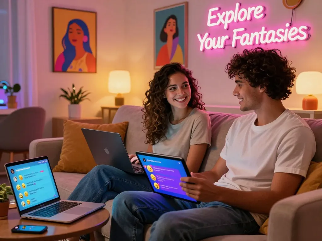 Interactive couple using sex AI chat on tablets in a cozy, vibrant lounge.