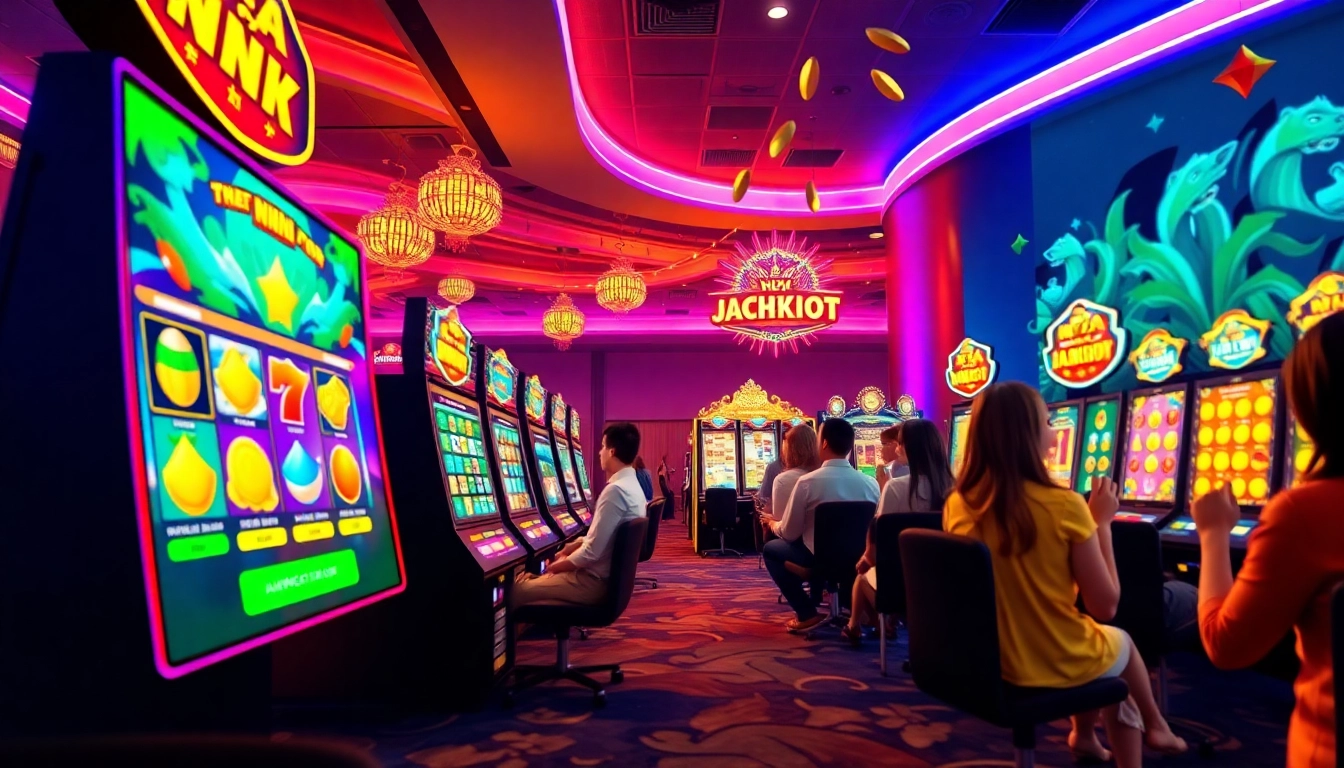 Nổ Hũ online gaming experience with colorful slot games, jackpot opportunities, and an energetic atmosphere
