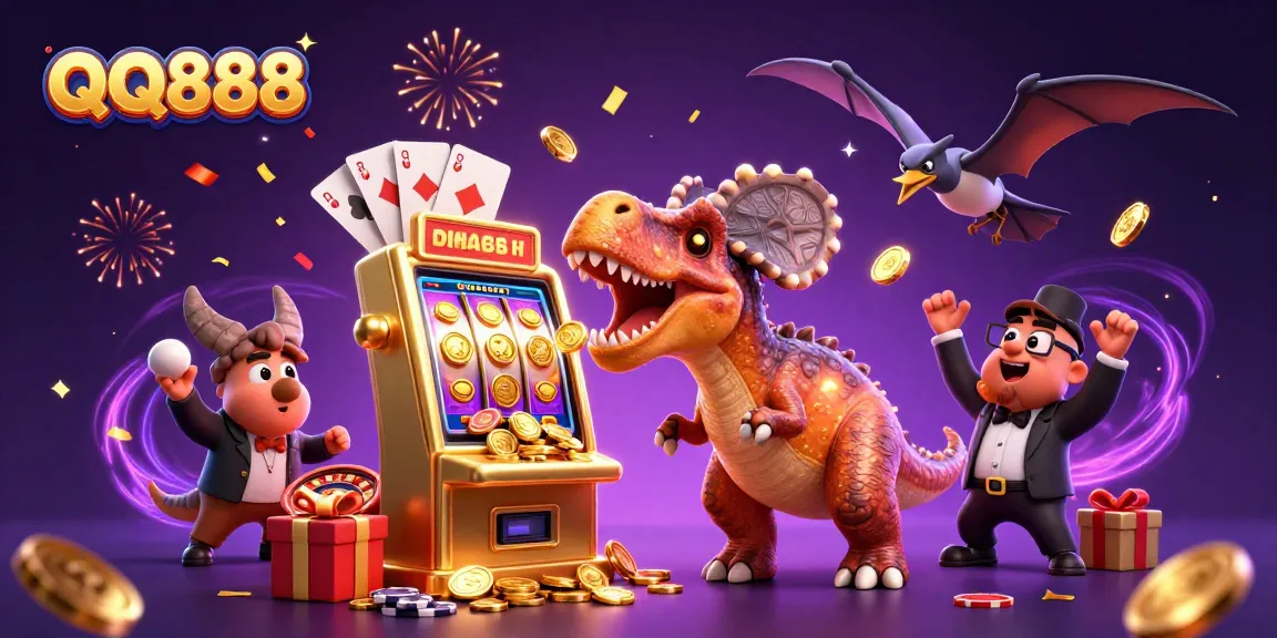 Experience the thrill of QQ888 with cartoon dinosaurs in a vibrant casino scene, winning jackpots and catching coins.