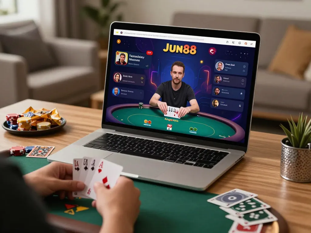 Players enjoy engaging poker game on Jun88 platform, showcasing strategic gameplay.