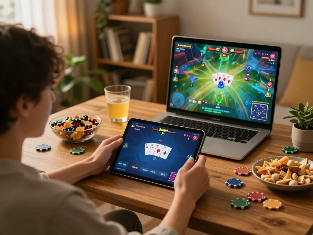 Playing Sunwin online poker on a tablet in a cozy home setting, showcasing responsible gambling.