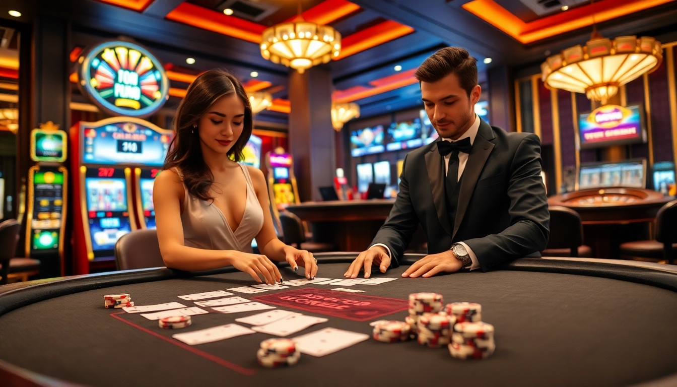 Experience the thrill of gambling at 789winab.com with a vibrant casino scene featuring poker and slot machines.