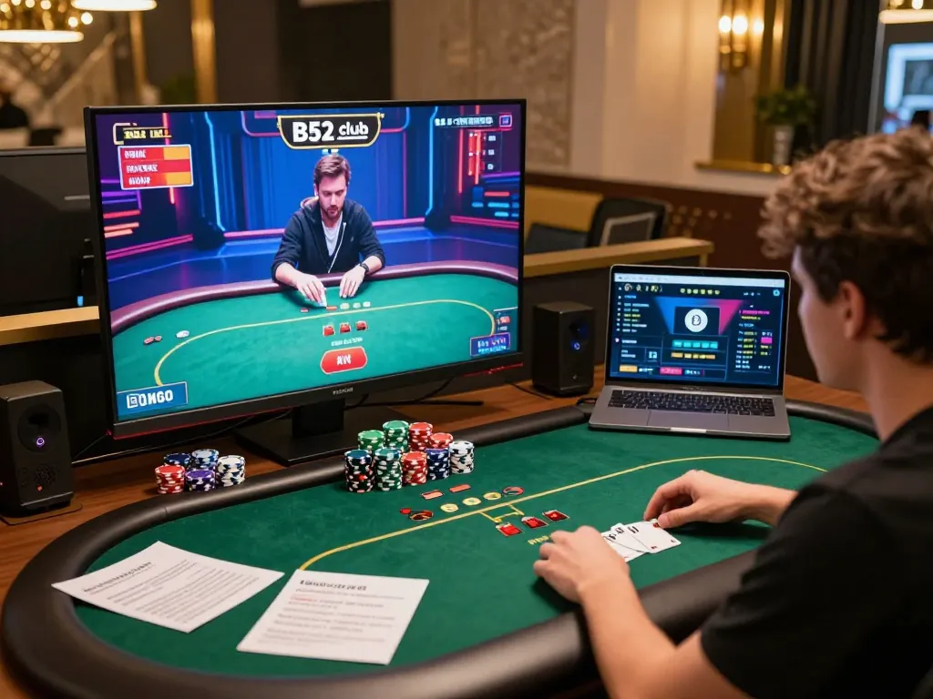 Người chơi câu lạc bộ B52 tham gia một trò chơi poker trực tuyến sôi động với giao diện sống động và những chip màu sắc.