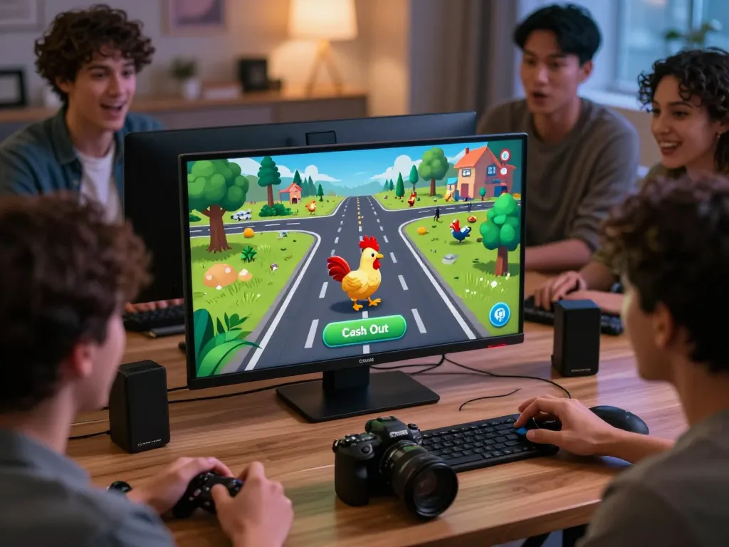 Giocatori coinvolti che analizzano le loro mosse durante le recensioni di Chicken Road nella loro configurazione di gioco a casa, mostrando l'emozione