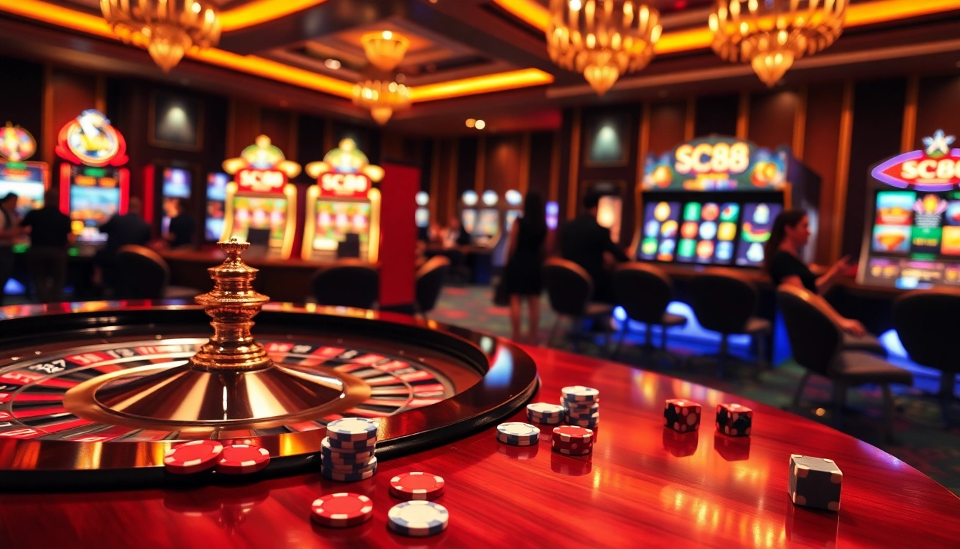 SC88 players enjoying an exciting casino atmosphere with roulette and poker.
