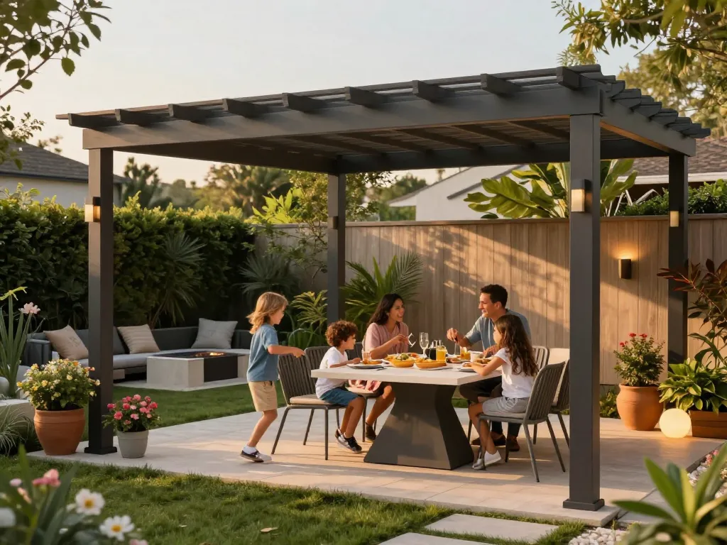 Family enjoying outdoor time under a custom pergola, showcasing configuratore pergola online.