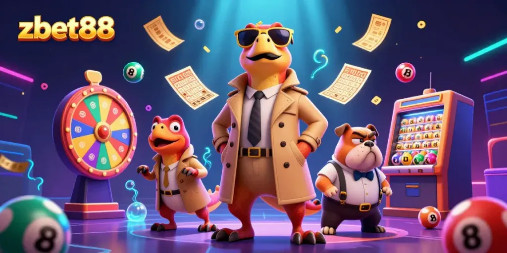 Enter the VIP lounge at zbet88 with raptors in disguise amidst vibrant lottery and gaming elements.