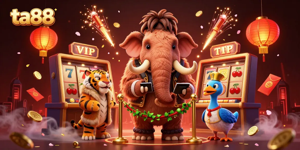 Experience ta88 amidst a vibrant casino scene with cartoon characters, slot elements, and dynamic lighting.