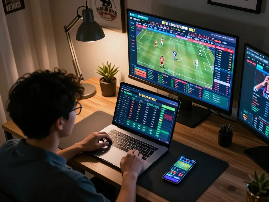 Engaging in live sports betting on CWIN using a modern setup with multiple screens.