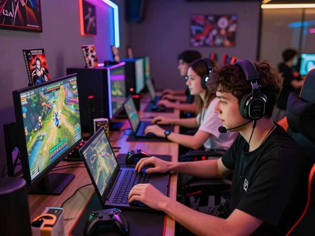 Gamer intensely focused on laptop game at stylish gaming lounge showing excitement of https://go999.de.com.