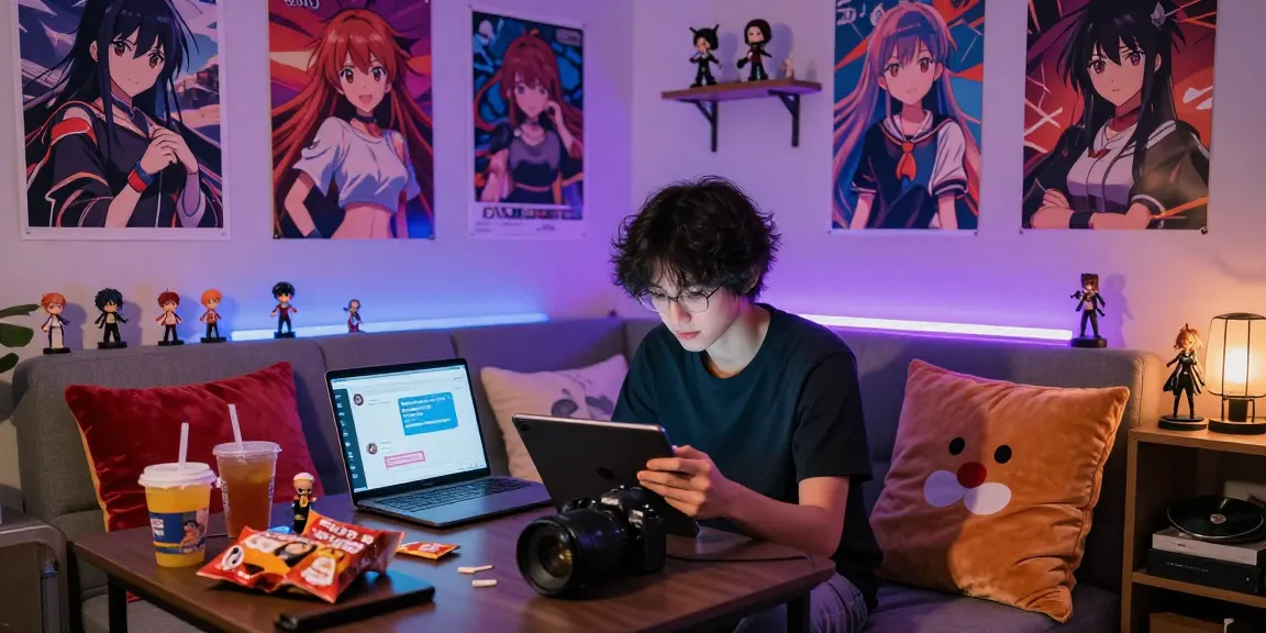 Engaging ai hentai chat scene with ambient lighting and anime decor.