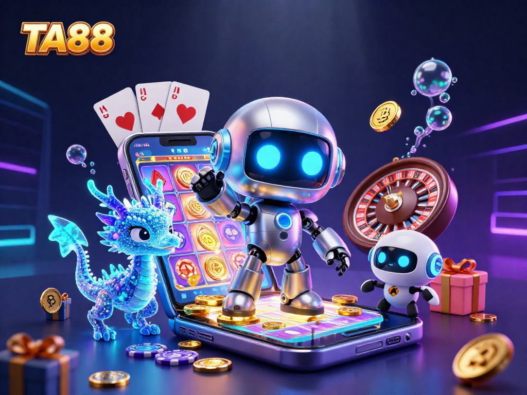 TA88 engages players with a vibrant, dynamic casino illustration featuring robots, games, and gold coins.