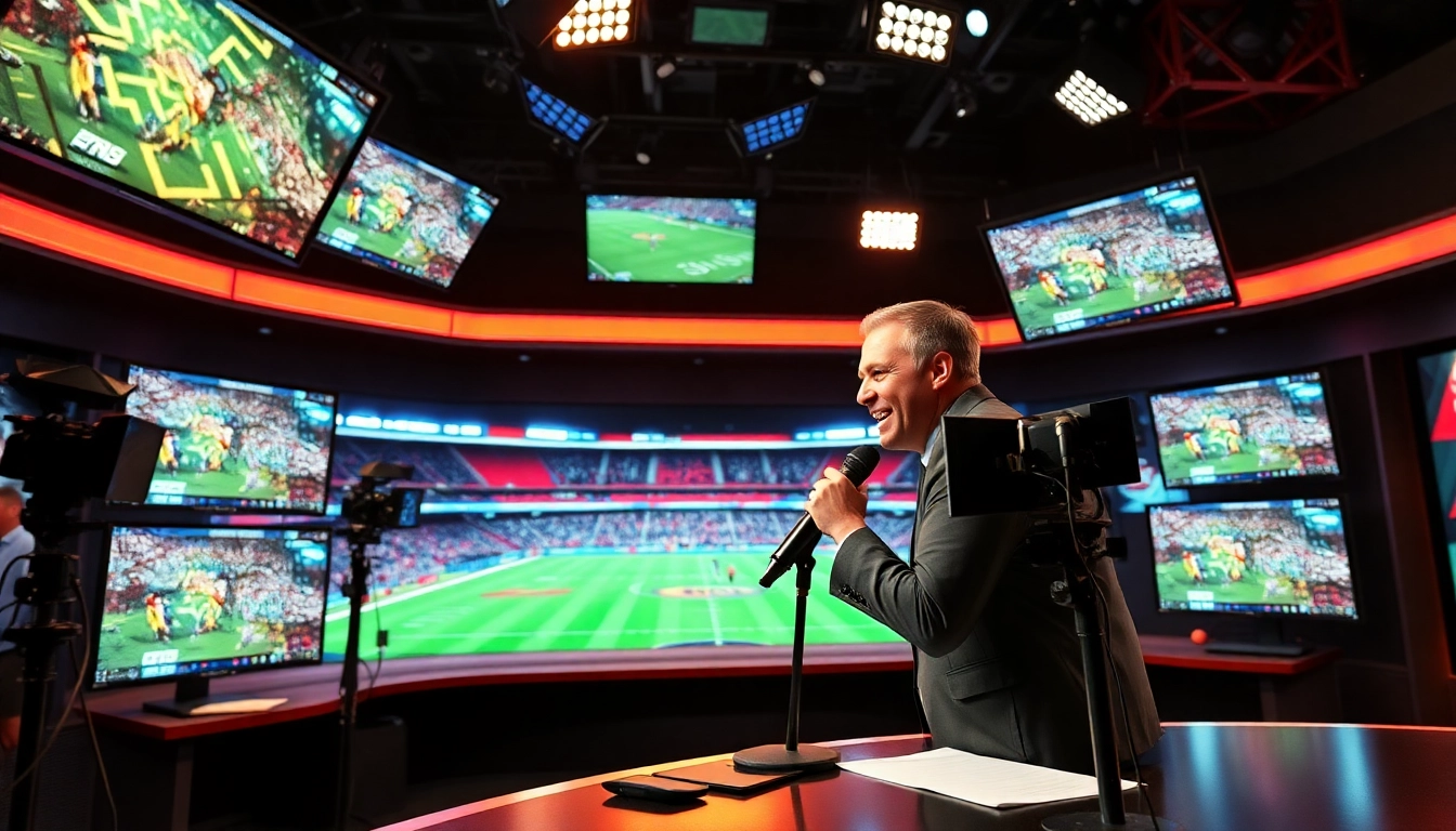 Captivating sports broadcasting studio showcasing vibrant live coverage and dynamic hosts.