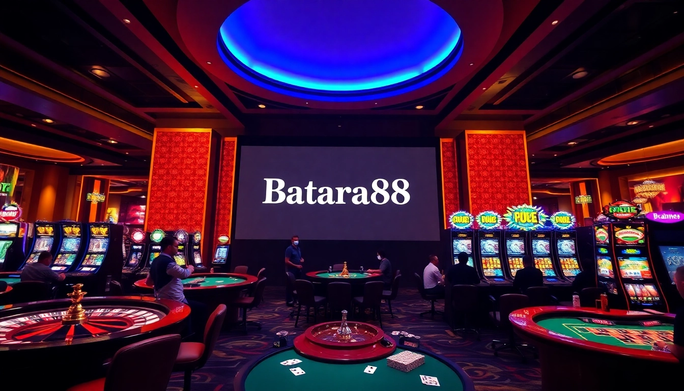 Experience thrilling casino action with Batara88 featuring vibrant slot machines and an elegant roulette wheel.