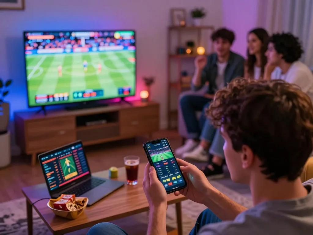 F168 sports betting setup at home, showcasing live odds on smartphone while watching a match