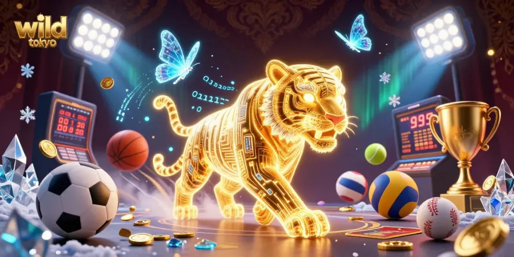Experience the excitement of wild tokyo casino with a vibrant 3D illustration of a golden tiger amidst dynamic game elements.