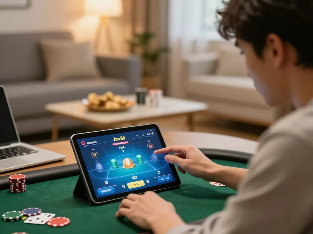 Player strategizing during a poker game on Jun 88 online platform while enjoying at home