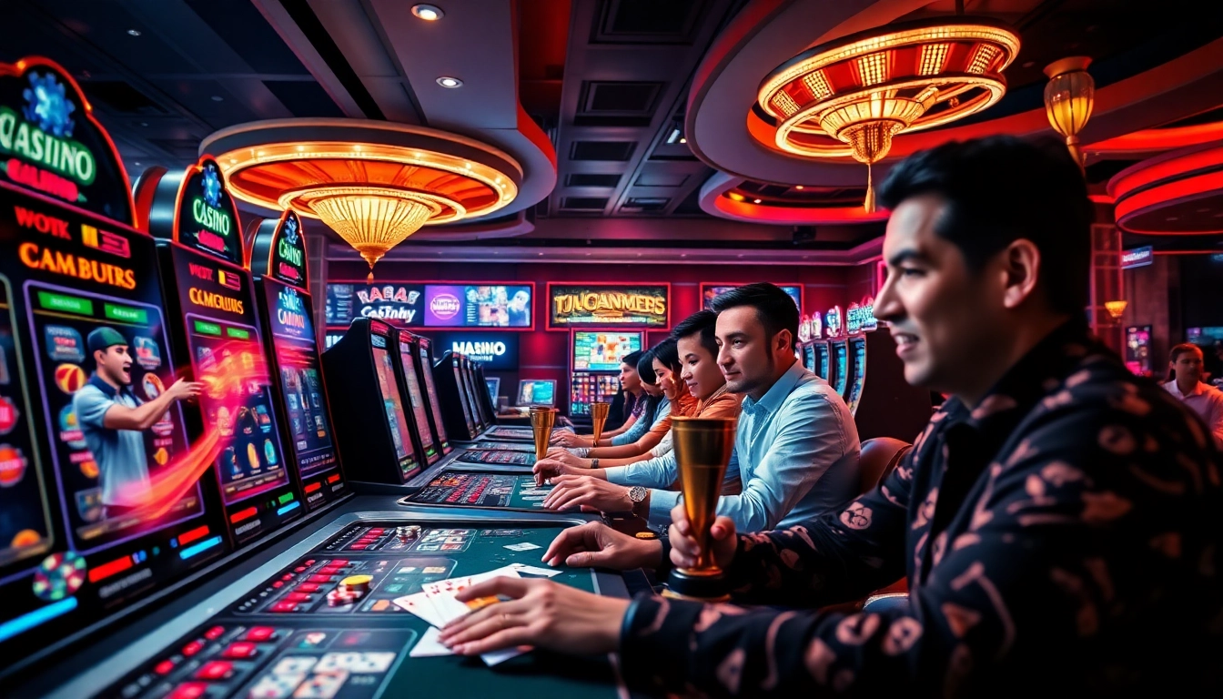 Engaging online casino gaming environment with players enjoying varied games on mmo.ad, highlighting excitement and luxury.