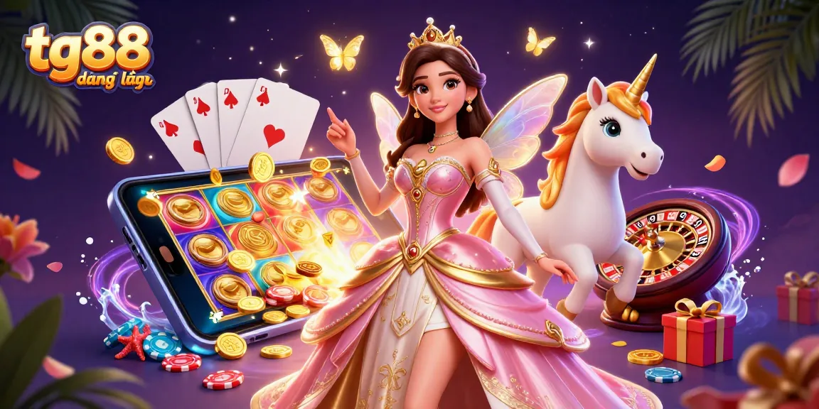 Experience tg88 đăng nhập with a dazzling illustration showcasing casino excitement and magical elements.
