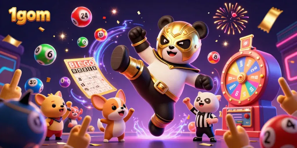 Experience the thrill of winning at 1gom with a magical wrestling scene featuring a panda and cheering fans.