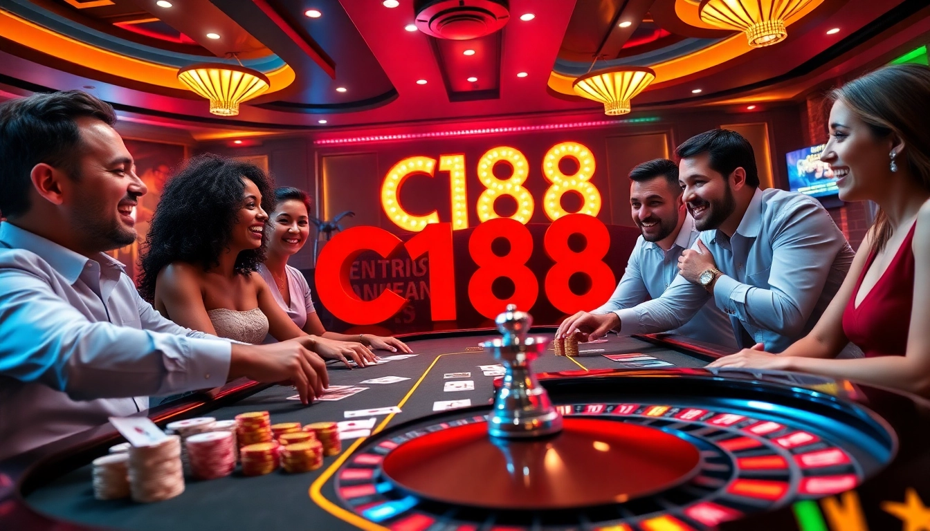 Engaging players at a C168 casino table, showcasing excitement and professional gambling elements.