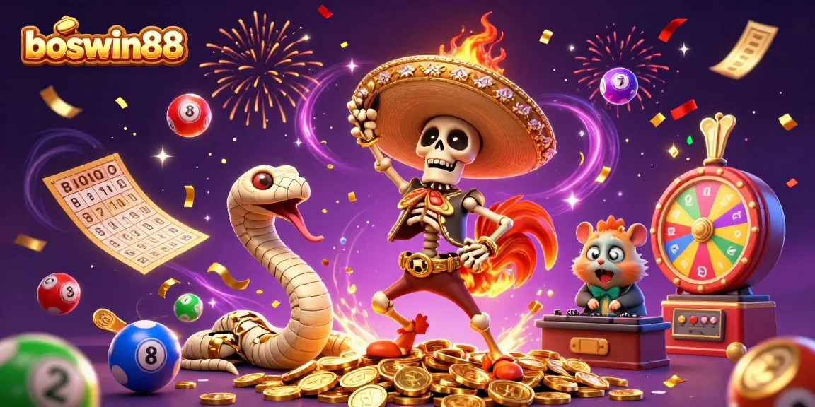 Merepresentasikan boswin88 dengan karakter ceria bermain slot dan jackpot, menunjukkan keberuntungan dalam permainan.
