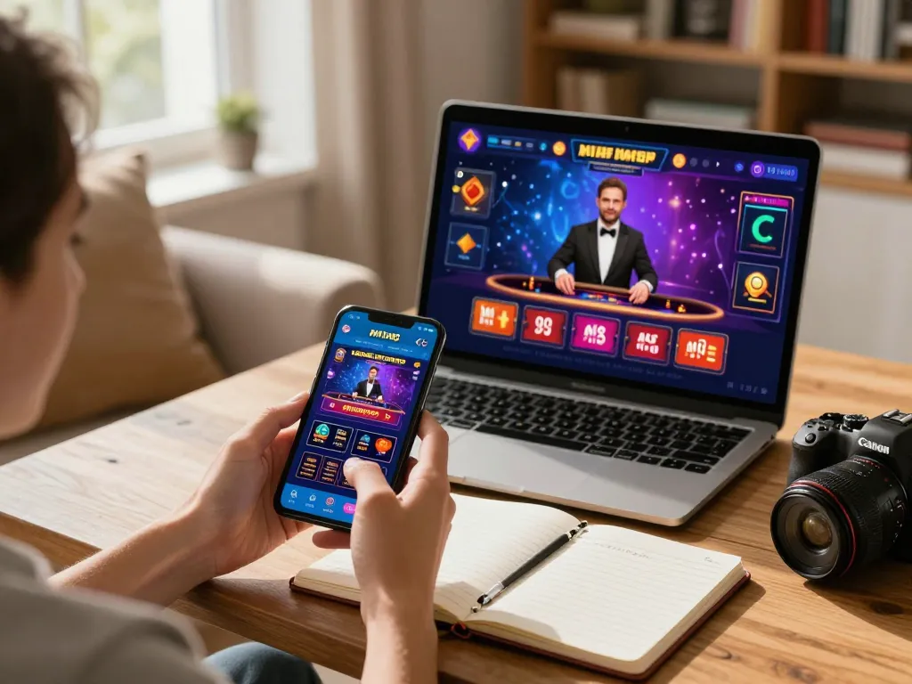 TẢI MI88 casino app displayed on smartphone with games in action in a cozy home setting