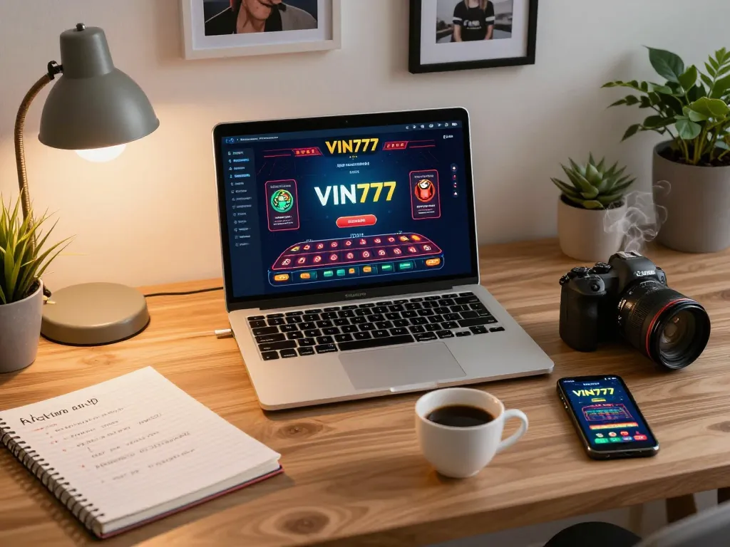 Person engaging with VIN777 online casino interface on a laptop, showcasing responsible gaming.
