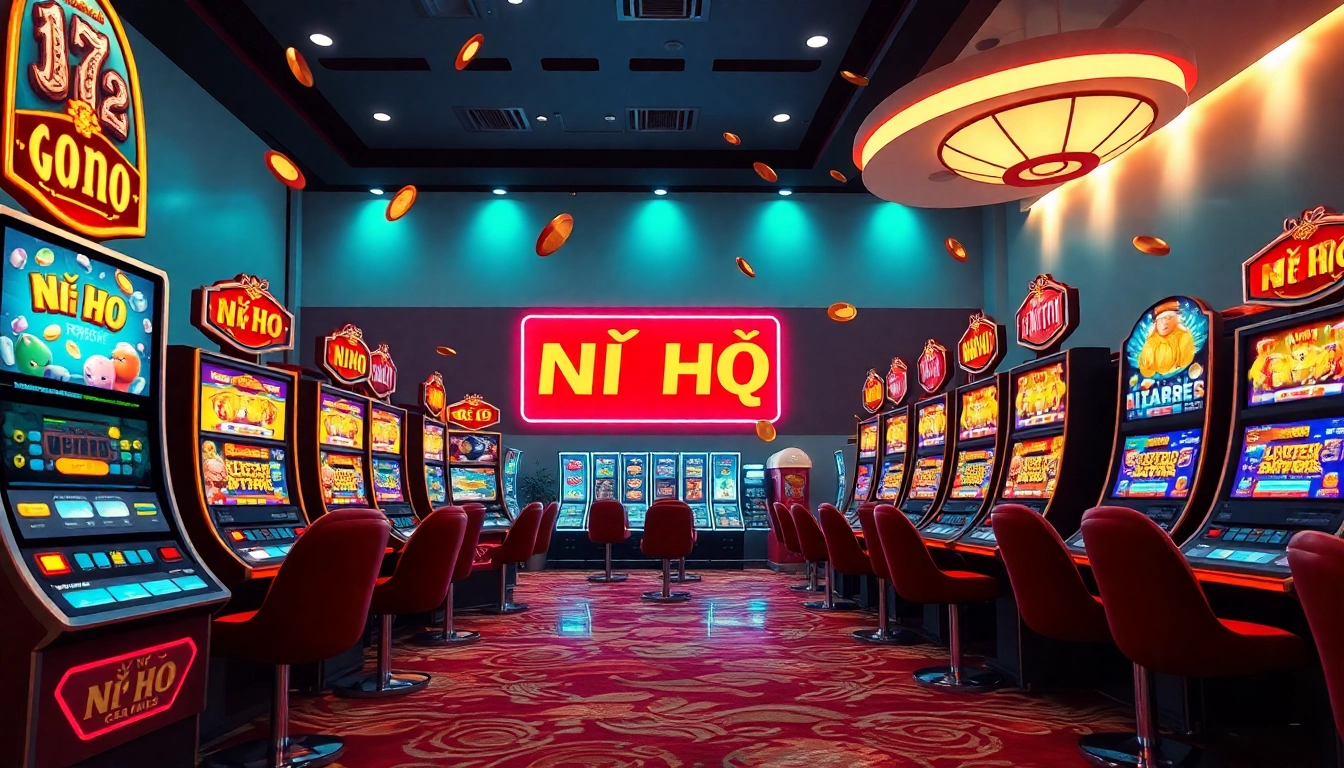 Nổ Hũ online gaming platform with vibrant slot machines and jackpot excitement.