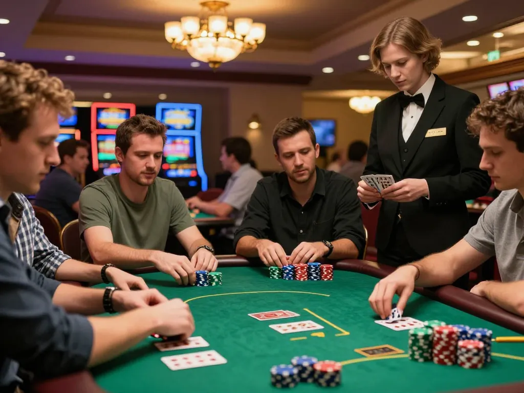 Players at a vibrant poker table in a casino, showcasing exciting cm88z poker action.