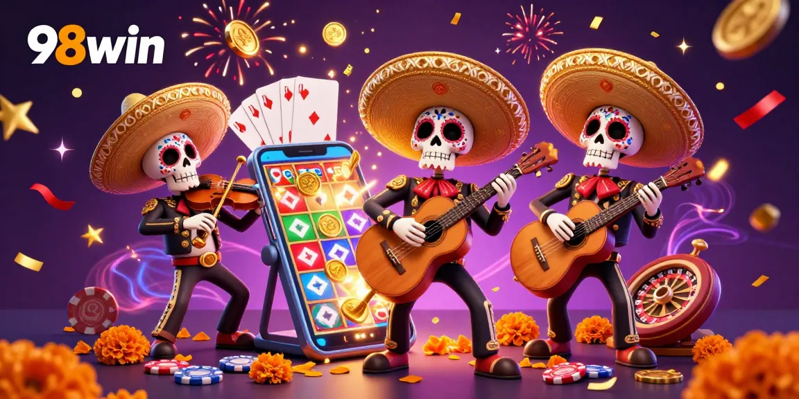 Spin and win at 98win with vibrant mariachi band and exciting slot game elements!