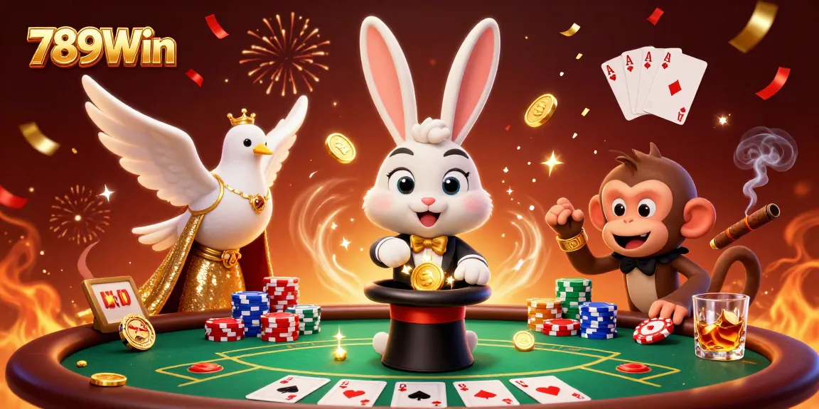 Win big with 789Win in a dynamic casino scene featuring magical characters and casino elements.