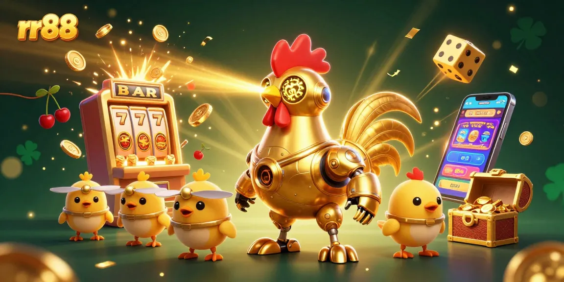 Experience the thrill of rr88 with a futuristic golden rooster robot at a vibrant casino scene.