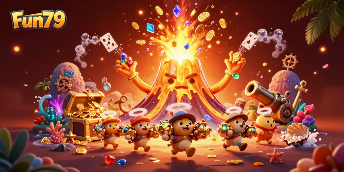 Experience the thrilling Fun79 volcano eruption as it showers coins and treasures in this casino-themed adventure.