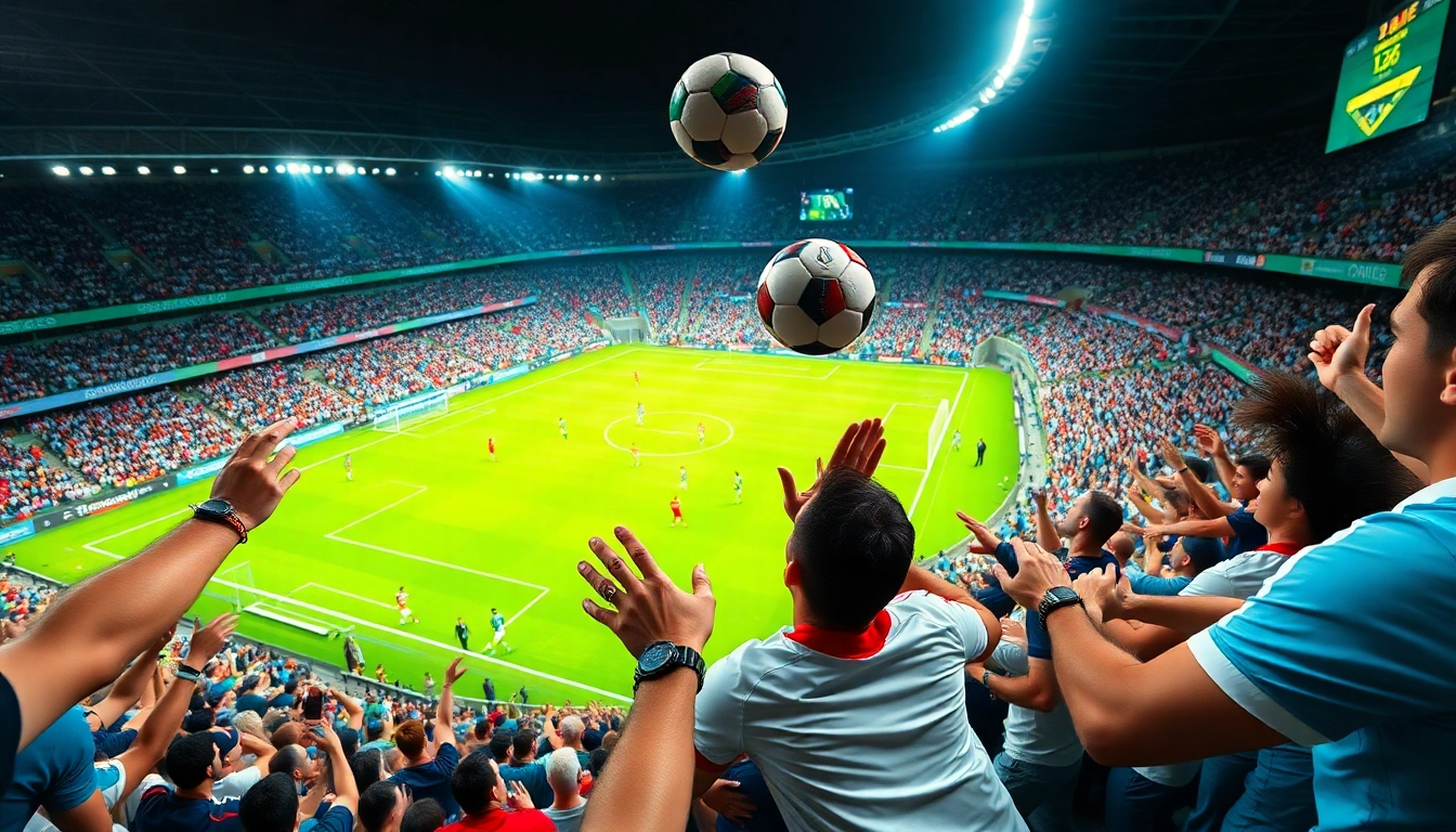 Exciting soccer match at https://okwintv.zone/ with cheering fans and vibrant stadium atmosphere.