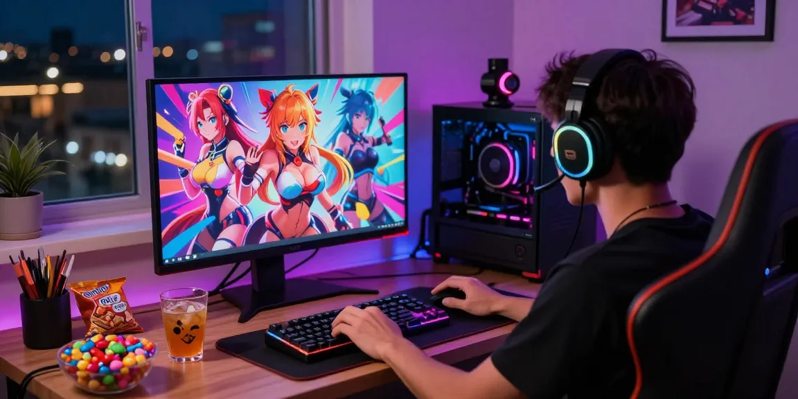 Gamer playing free hentai games on a high-resolution monitor with vibrant animation.