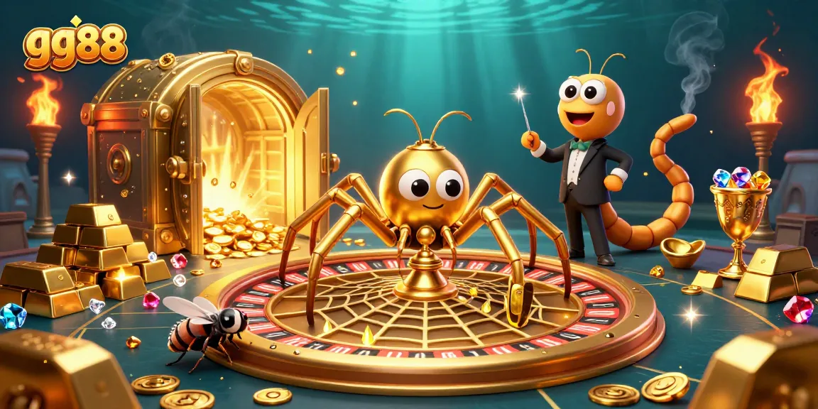 Experience thrilling bets at gg88 casino with a golden spider's web roulette amid sparkling treasures.