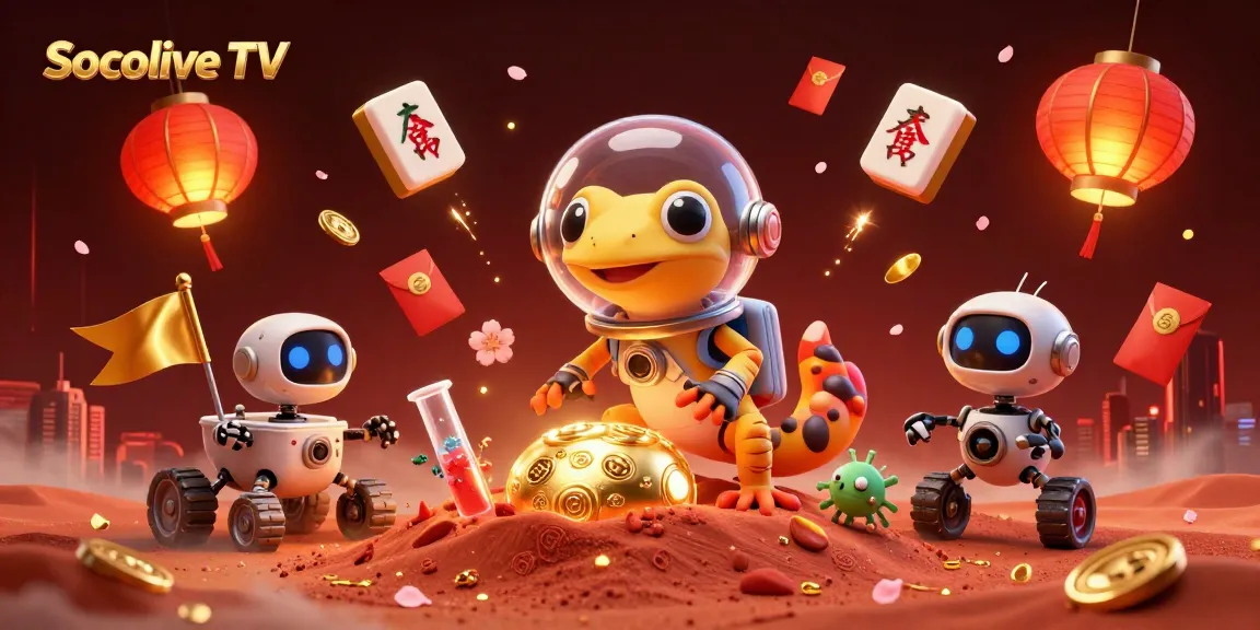 Socolive TV showcases a vibrant 3D illustration featuring a cartoon gecko celebrating at a Martian casino with dynamic gaming elements.