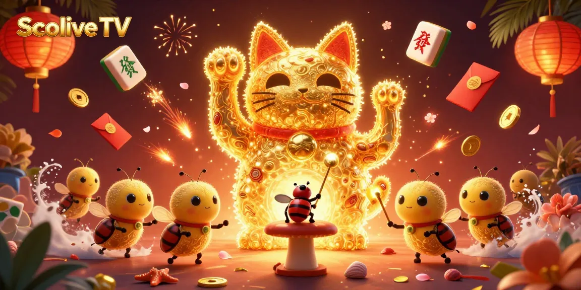 Experience the vibrant gaming scene with Socolive TV, showcasing a dynamic lucky cat amid casino symbols, joined by lively fireflies.
